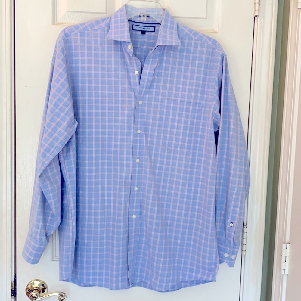 TOMMY HILFIGER Long Sleeve Dress Shirt Red/White/Blue Print with extra button